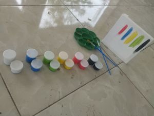 satu seta alat lukis siap pake Kanvas 20×20 cat 6 warna 20ml kuas no4 +palet cat
