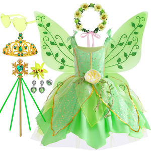 Váy Xòe Dài Đến Mắt Cá Chân Có Cánh Và Hoa Của Disney Tinker Bell Elf Movie Girls Play Dress Váy Cổ Tích Màu Xanh Lá Cây Có Cánh Và Hoa Cho Trẻ Em Quà Tặng Giáng Sinh