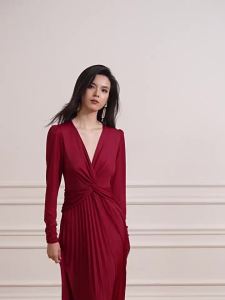 French Design High Waist Wine Red Elegant Evening Dress