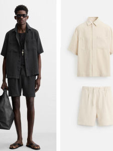 Summer New Mens Casual Shirt Short Sleeve Pocket Decorated Collar Straight Leg Short Pants Fashion Urban Bamboo Charcoal Fabric