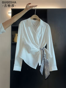 French Elegant Long Sleeve Shirt Womens Autumn New Style Commute Versatile Waist Cinching Scarf Tie Shirt Polo Collar Daily Wear