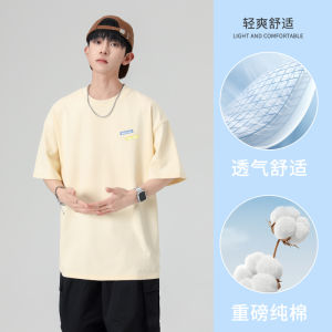 Pure Cotton Short Sleeve T-Shirt Mens Summer New Style Thin Heavy Loose Match All White Print Casual round Neck Top