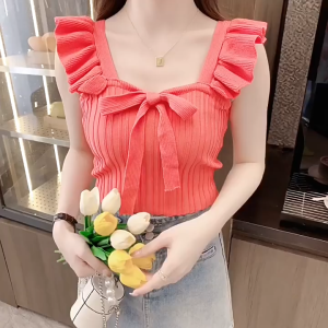 FASHLOVER Ruffle Edge Tank Top Solid Color Bow Knot Tank Top Gentle Korean Style Sleeveless Top