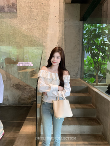White Bouffant Collar One Shoulder Long Sleeve Shirt Womens Spring Autumn Top HULIULIU Commuter Style Slim Fit Chinese Brand