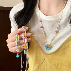 สร้อยคอลูกปัดดาวสีสันสดใส สร้อยคอสเวตเตอร์คอร์ดสำหรับผู้หญิง สร้อยคอแบบติดคอ ประดับเครื่องประดับแฟชั่น โซ่โลหะผสม