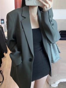 เสื้อสูทสีเทาทรงหลวมสไตล์เกาหลีสำหรับผู้หญิงไซส์เล็ก ฤดูใบไม้ผลิและฤดูใบไม้ร่วง เสื้อคลุมกันหนาวแบบลำลอง แขนยาว ปกติ