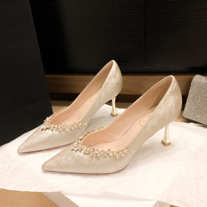 Chinese Style Wedding Shoes Womens 2024 New Diamond Embellished High Heels Comfortable Pu Material Sharp Pointed Toe Shoes