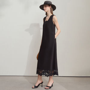 Amii Summer New Maxi Sleeveless Vest Dress Pure Color Holiday Style Loose Hem Trimmed Long Skirt Polyester Blend V-neck H-type