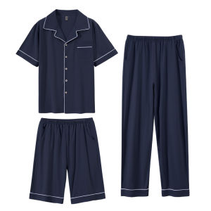 MiiOW | ชุดนอนผู้ชายผ้าฝ้ายแท้ MiiOW ฤดูใบไม้ผลิ ฤดูใบไม้ร่วง แขนสั้น กางเกงขายาว ชุดสามชิ้น สีพื้น ชุดอยู่บ้าน ไซส์ใหญ่