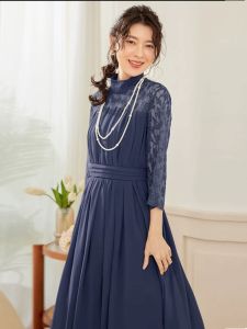 Elegant Lace Summer Dress Womens Slimming Chiffon Long Skirt Spring Autumn Wedding Party Small Dress Korean Style A-Line Skirt