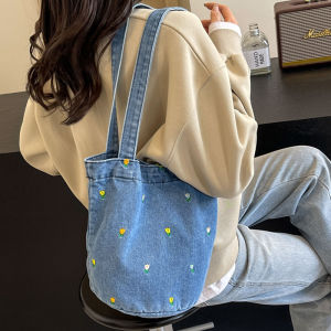 Large Capacity Embroidered Denim Bucket Bag Tote Single Shoulder Handheld Portable Shopping Bag Fashionable Canvas Handbag