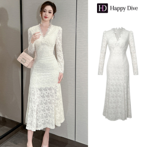 Happy Diva เดรสผู้หญิง เดรสสีขาว เดรสหางปลา เดรสลูกไม้ เดรสทำงาน เดรสไฮโซ เดรสวินเทจ เดรสออกงาน เดรสปาร์ตี้ ชุดราตรี 40625