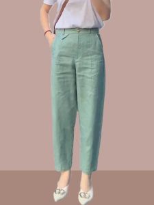 กางเกงลำลองผ้าลินินทรงหลวมสำหรับผู้หญิง ทรงหลวม ทรงบาง ทรงเก้าส่วน ทรงฮาเร็ม สีเขียวสด สีพื้น สไตล์เรียบง่าย