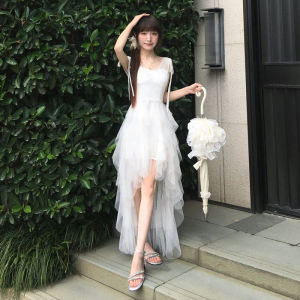 Beach Vacation Style Irregular Fairy Net Skirt Dress Summer Trend Beautiful Midi Dress Sleeveless V-Neck A-Line Gown