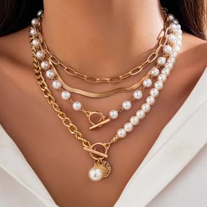 Gothic Metal Disc Pendant Flat Snake Chain Clavicle Necklace Punk Imitation Pearl Chain Multi Layered Choker Women Neck Jewelry