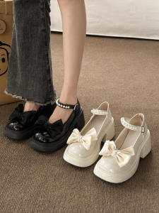 Mary Jane Shoes Womens Summer 2024 New Arrival High Heel Bows Thick Bottom Chunky Heel Pearl with Skirt Small Leather Shoes Flats