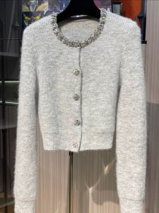 Elegant round Neck Diamond Embedded Knitted Sweater Womens Fashion Design Cardigan Spring Commute Style Long Sleeve Solid Color