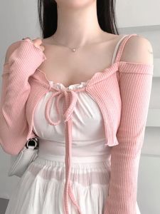 Áo Khoác Cardigan Hở Vai Tay Dài Màu Hồng Ngọt Ngào Gợi Cảm Thời Trang Thu Đông 2024 Áo Khoác Ngoài Ngắn Thời Trang Cho Nữ