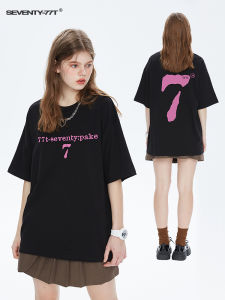 เสื้อยืดคอกลมแขนสั้นผ้าฝ้ายแท้พิมพ์ลายโลโก้ตัวอักษรเลข 7 สำหรับฤดูร้อนปี 2025 เสื้อตัวบนหลวมๆ สไตล์ใหม่