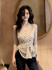 KUNAILIN | French Elegance Dotted Long Sleeve Shirt V-Neck Slenderizing Top