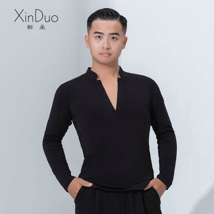 Xinduo ชุดเต้นละตินเสื้อแบบใหม่สำหรับผู้ชายชุดฝึกเต้นบอลรูมโมเดิร์นแดนซ์แขนยาวคอวี Th 6160