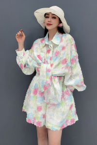 ชุดเสื้อสองชิ้นพิมพ์ลายอเนกประสงค์สำหรับผู้หญิงชุดแฟชั่นฤดูร้อนใหม่เสื้อแขนยาวและกางเกงขาสั้นเอวสูง5C1241