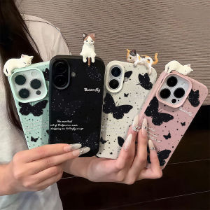 Black Butterfly 3D Lying Cat Lychee Leather Case For iPhone 17 11 15 12 13 14 16 Pro Max 15 16 14 Plus 17 Air Phone Cover Funda