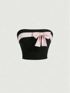 Color Block Bow Strapless Base Vest Street Style Slim Fit Short Length Womens Tank Top Butterfly Knot Collision Color Underwear