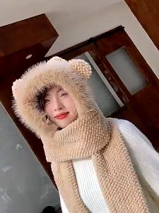 Mũ lông cừu nữ len tai mèo giữ ấm mùa đông  nón len nữ tai mèo kèm khăn quàng cổ găng tay phong cách thời trang hàn quốc