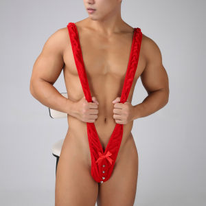 ชุดชั้นในเซ็กซี่สำหรับผู้ชาย ชุดบอดี้สูทคริสต์มาส ชุดชั้นในแบบชิ้นเดียว แมนกินี ซานตาคลอส สายรัดถุงเท้า คอวีลึก