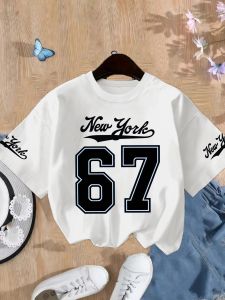 Bandai | 2026 New Girls Pure Cotton T-shirt No.67 New York Print Short Sleeve Pink Elastic Round Neck Kids Casual Top