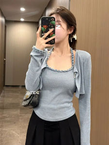Fat Womens Knitted Neck Hanging Strap Vest Two-Piece Set Spring plus Size Meat Concealing Slimming Top Long Sleeve Commute Style