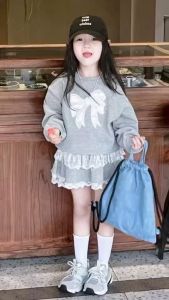 ชุดเด็กผู้หญิง เสื้อกรีนโบว์กระโปรงมีซับใน ผ้าสเวตเตอร์ น้ำหนัก10-30กิโล รหัสBO1