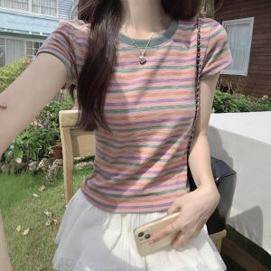 Mint Wave Color Block Stripe T-Shirt Summer New Style Fresh Versatile Short Sleeve Loose Commuting Top Womens Cotton round Neck