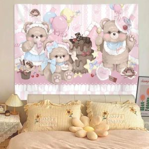 VIKAMA Girl Cartoon Illustration Tapestry Lolita Sweet Girl Pink Background Linen Dormitory Decoration Tapestry Room Decoration