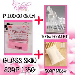 GLASS SKIN SOAP 135G WITH PINK FOAMING BOTTLE BRUSH 100ML & SOAP MESH