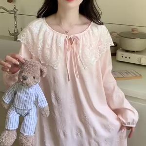 Cute Cloud Cotton Lace Nightgown for Women New Spring Autumn Sweet Long Sleeved Pajamas Dress with Chest Padding Loose Home Wear Clothes