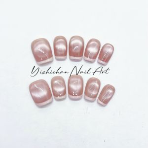 Sweet Heart Papaya French Style Handmade Glass Bead Cat Eye Nail Art Stickers Bare Color Elegant White Enhancing Wearable Nails
