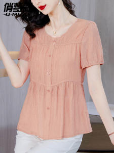 Chic Ice Silk Cotton Linen Shirt Womens Summer Fashion Age-defying Mommy Top High-end Linen Upper Apparel Korean Style Loose Fit