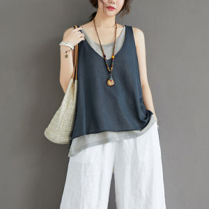 Summer New Arrival K-style Loose False Two Pieces Cotton Linen Vest Small Shirt Fashion Plus Size Linen Knitting Sling Tops Women