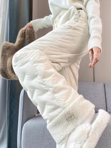 Thickened Straight Leg down Trousers Womens Outdoor Wear Winter Fashion Anti-Cold Warm Cotton Trousers High Waist Long Pants Polyester Fiber