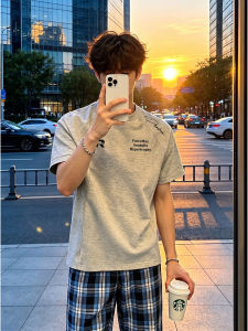 OUMULONG | Letter Print Regular Fit Summer American Patchwork Small Collar Cleanfit Heavyweight Mens T-Shirt