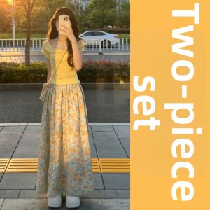 LIRUSHAN | Bright Dopamine Summer Yellow Floral Dress Two-piece Set