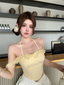 Áo Ba Lỗ Ren Cổ Treo Ôm Vừa Vặn Mùa Hè Mới Cho Nữ Áo Lót Cổ Chữ V Tay Dây Có Đệm Ngực Áo Lót Màu Trơn Phong Cách Ngọt Ngào