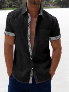 Color Block Collar Short Sleeve Mens Shirt Casual Style Contrast Color Lapel Open Cardigan Lightweight Summer Top