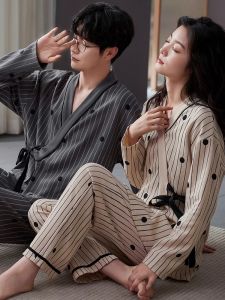 Lycra Cotton Spring and Autumn Couple Pajamas Pure Cotton Long Sleeves Casual Cardigan a Man and a Woman Autumn and Winter Homewear Suit