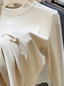 เสื้อยืดคอกลมแขนยาวผ้าขนสัตว์ผสมคอตตอนทรงสลิมฟิตสำหรับผู้หญิง เสื้อชั้นในฤดูใบไม้ผลิและฤดูใบไม้ร่วง สไตล์ย้อนยุค สวมใส่สบาย เสื้อชั้นในลำลอง