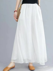 Elegant White Ice Silk Chiffon Wide Leg Pants Casual Oversized Swing Skirt Loose High Waist Drapey Womens Fashion Commute Style