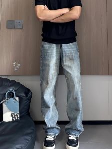 กางเกงยีนส์ทรงหลวมขาตรงสำหรับผู้ชาย ทรงสตรีทสไตล์อเมริกัน กางเกงขายาวทรงหลวม ทรงลำลอง เทรนด์ฤดูใบไม้ร่วง