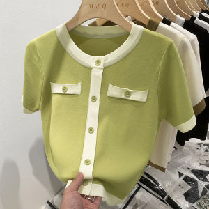 Loose Ice Silk Short Sleeve T-Shirt Womens Summer New Style Small Fragrance Knitted Shirt Thin round Neck Color Block Design